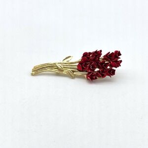 Vintage Danbury Mint Red Rose Flower Bouquet Gold Tone Brooch Pin DM97